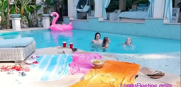  Wet poolside threesome with horny girlfriends